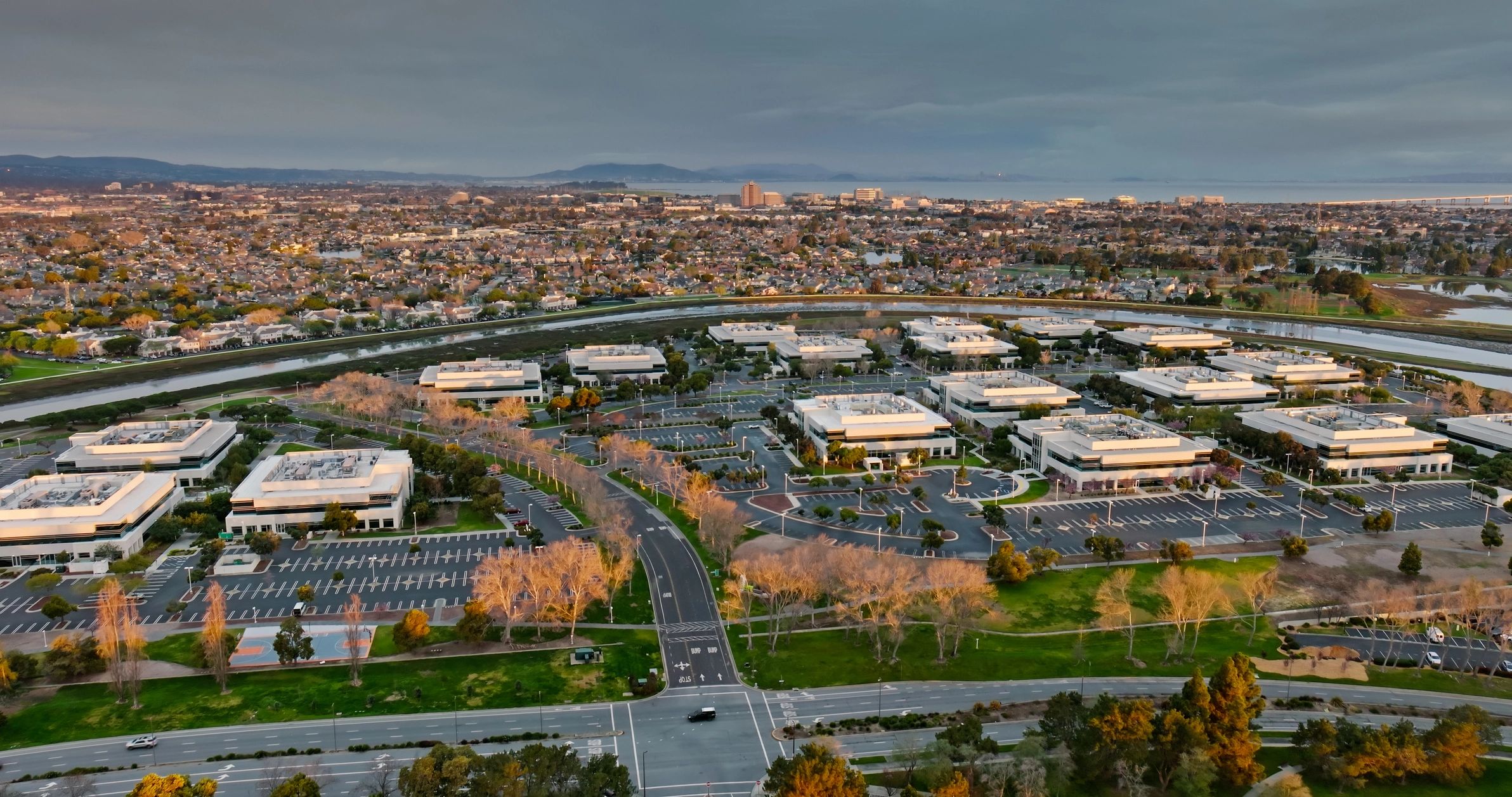 Aerial view of a corporate office district