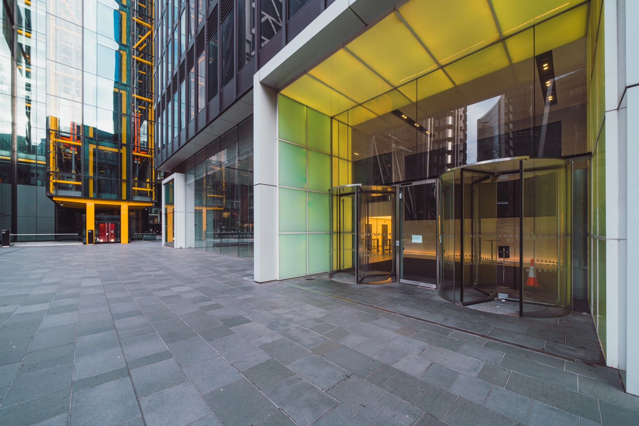 Modern commercial building entrance and lobby area